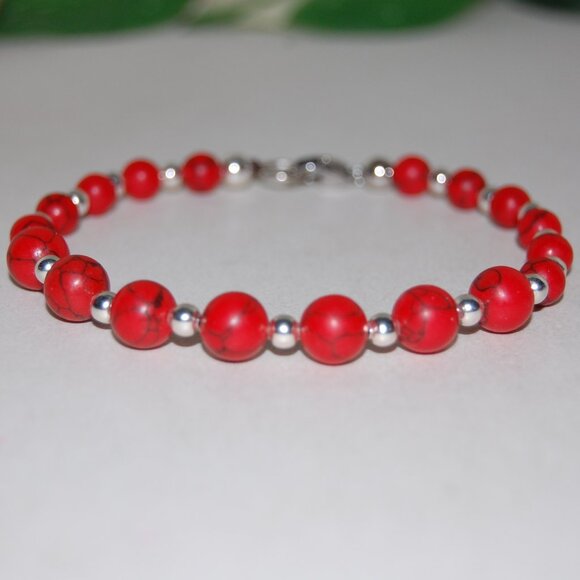 Red Howlite Bracelet,Clasp Closure Bracelet,Red Howlite Stone Bracelet - Picture 1 of 2